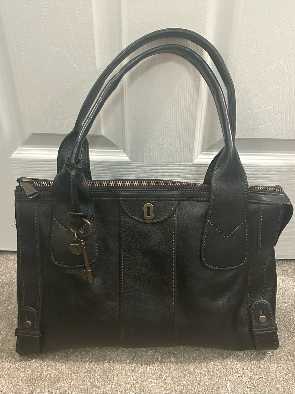 Fossil Dark Brown Leather Satchel Shoulder Bag Key Charm